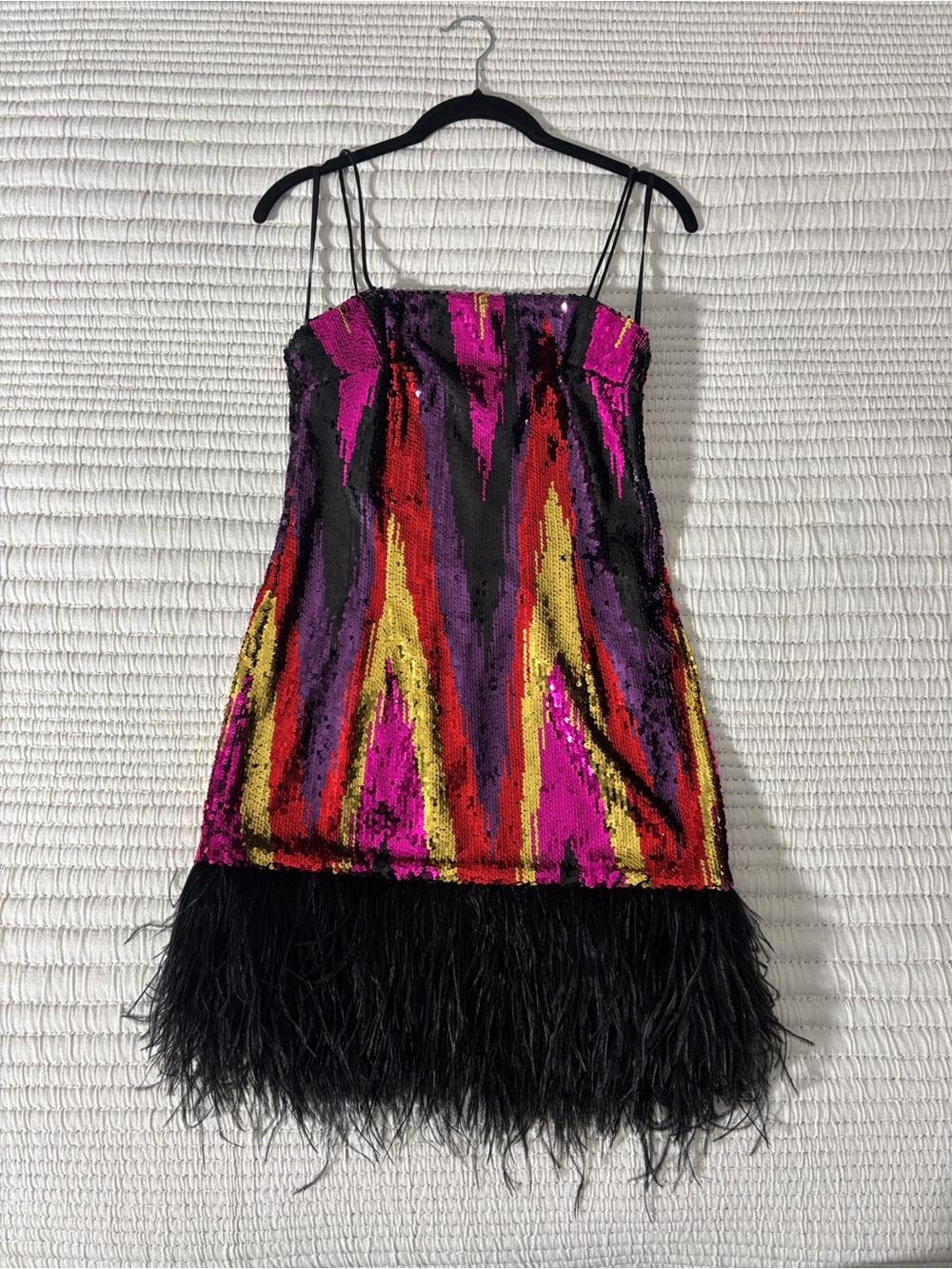 Rebecca Vallance Kaia Hot Pink Multi Sequin Mini Dress with Feather Hem